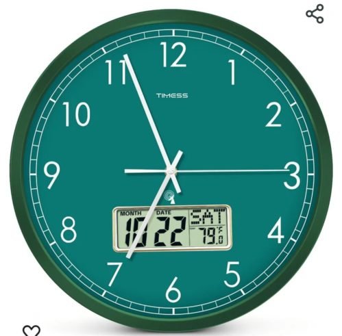 Atomic Analog Wall Clock, WWVB Self-Setting Battery Operated 14" Large Green