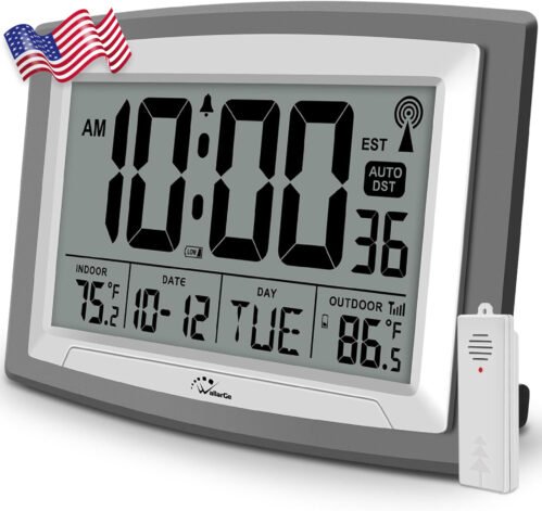 Atomic Clock Outdoor & Indoor Temperature 12.5 Inch Self Setting Battery USA NEW