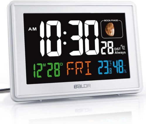 Atomic Clocks for Bedrooms Digital Large Display - White - Desk Clock with Tempe