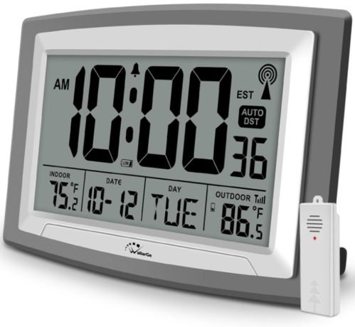 Atomic Clock with Indoor Outdoor Temperature, Self-Setting Digital Clock 12.5 in