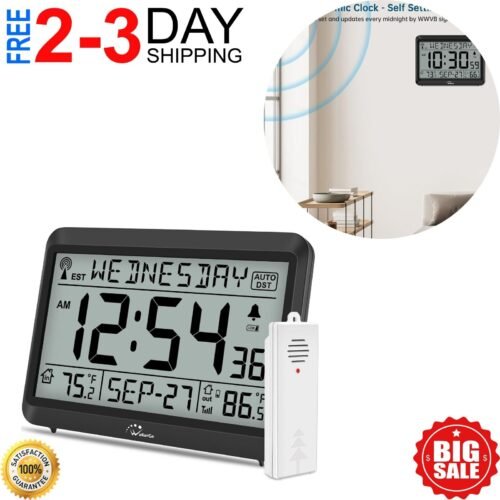 Atomic Clock with Indoor Outdoor Temperature, Self-Setting Digital Wall Clock