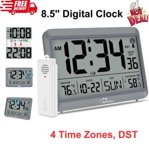 Atomic Clock with Indoor Outdoor Temperature, Self-Setting Digital Wall Clock