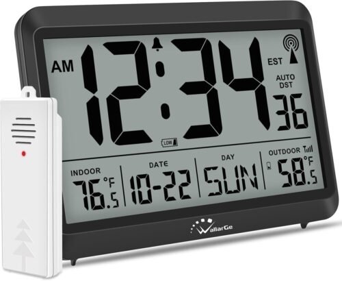 Atomic Clock with Indoor Outdoor Temperature, Self-Setting Digital Wall Clock