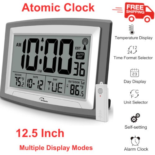 Atomic Clock with Indoor Outdoor Temperature, Self-Setting Digital Wall Clock