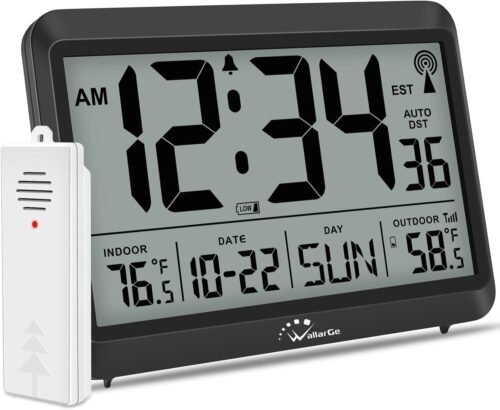 Atomic Clock with Indoor Outdoor Temperature, Self-Setting Digital Wall Clock