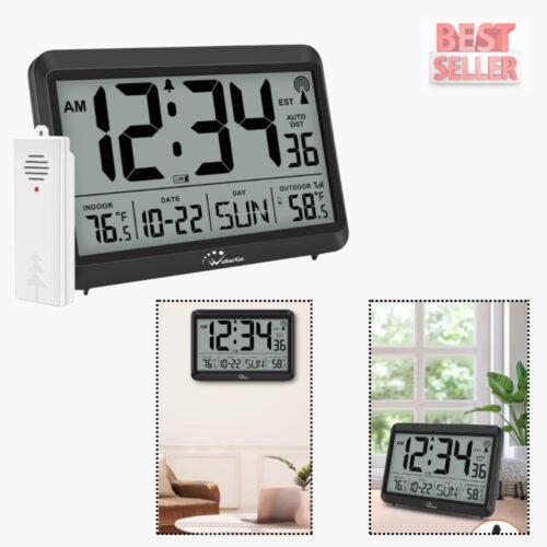 Atomic Clock with Indoor Outdoor Temperature, Self-Setting Digital Wall Clock