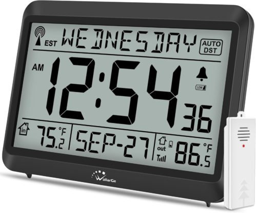 Atomic Clock with Indoor Outdoor Temperature, Self-Setting Digital Wall Clock Ba