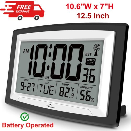 Atomic Clock With Indoor Temperature & Humidity, 12.5 Inch Self-Setting Digital