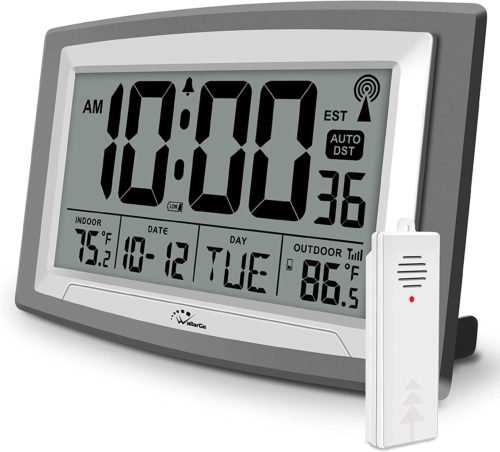 Atomic Digital Alarm Wall Clock with Temperature Large Display, Battery Operated