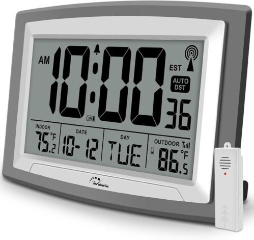 Atomic Digital Alarm Wall Clock with Temperature Large Display, Battery Operated