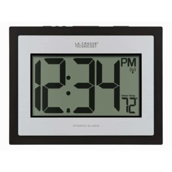 Atomic Digital Black/Silver Clock with Indoor Temperature