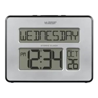 Atomic Digital Silver Calendar Clock with 2 in. Time