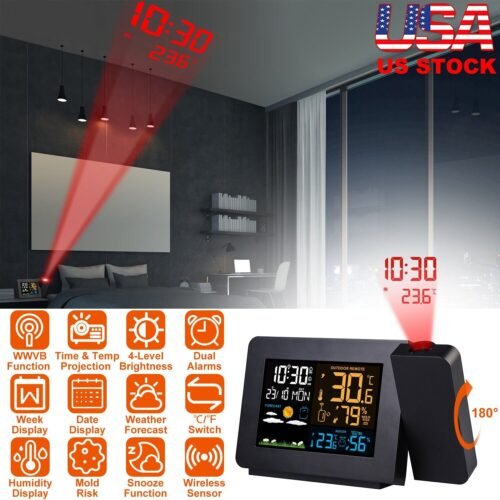 Atomic Projection Alarm Clock Large Digital LCD Dual Alarm Clock Snooze Weather