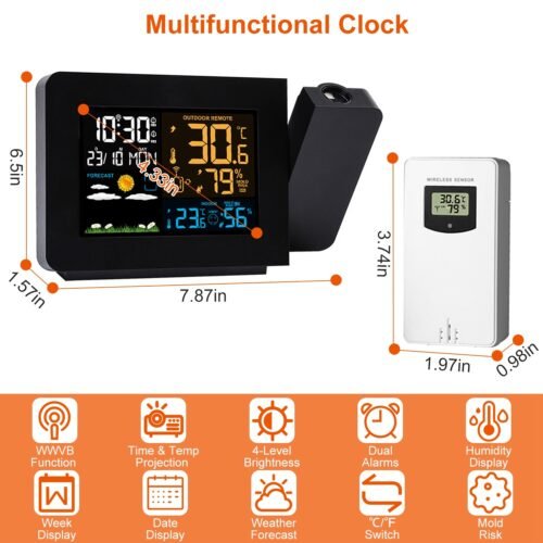 Atomic Projection Alarm Clock w/ Wireless Weather - Temp Humidity Sensor