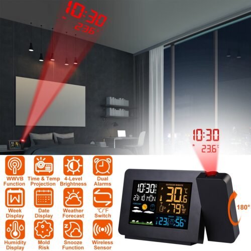 Atomic Projection Dual Alarm Clock w/WWVB Thermometer Humidity Weather Forecast