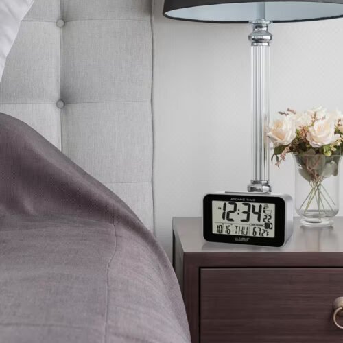 Atomic Table Alarm Clock Digital Display Temperature Desk Moon Phase Silver