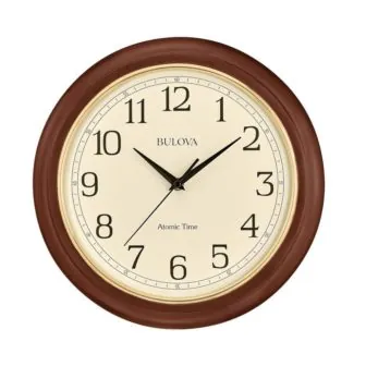 Atomic Time 2 12.4 in. wall clock, cherry hardwood case, gold bezel,...