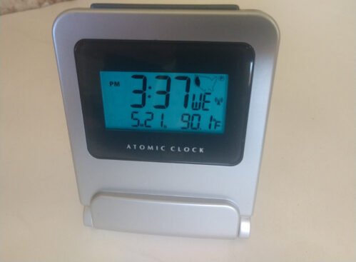 Atomic Travel Alarm Clock Portable silver Flip case Blue LED Light temperature