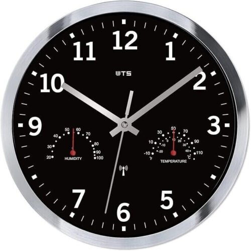 Atomic Wall Analog Clock Automatic Time Set Humidity Thermometer Dials Quiet