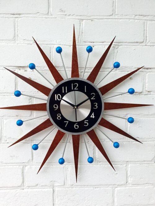 Atomic Wall Clock Blue Starburst Clock George Nelson Style Handmade 1970s Modern