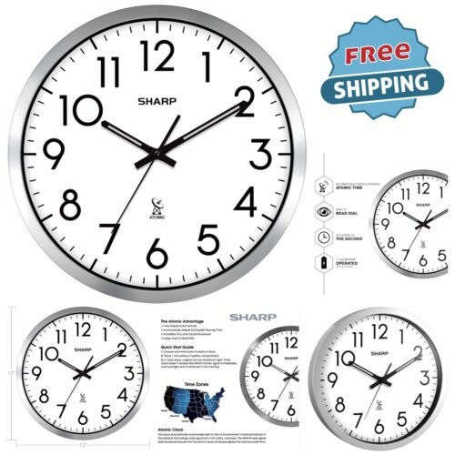 Atomic Wall Clock Silver 12" Easy Read Battery Operated Modern Home Decor