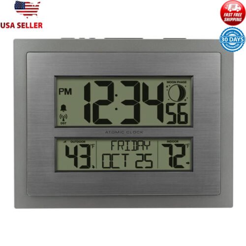 Atomic Wall Table Clock Moon Phase Calendar Indoor Outdoor Temp Alarm Snooze New