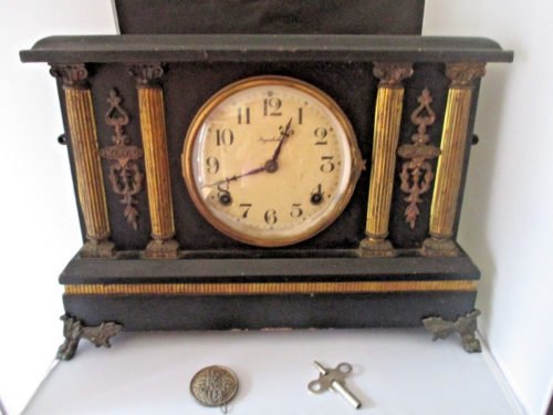ATQ E. Ingraham Mantel Clock, Spring Wound, Wood Case, Metal Columns, 8 day T&S