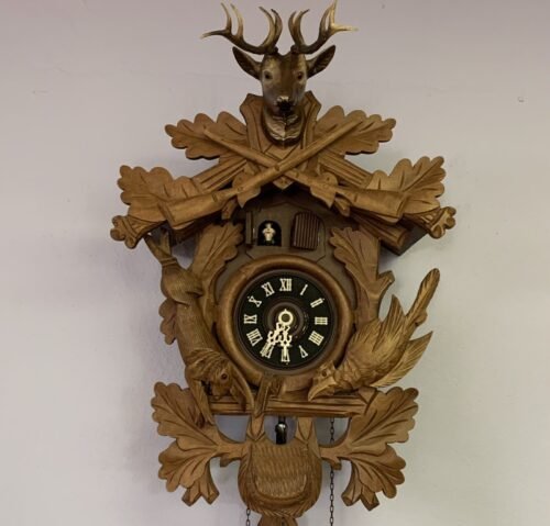 ATQ Schatz Black Forest German Hand Carved Walnut 20" Hunter Cuckoo Clock 1 Day