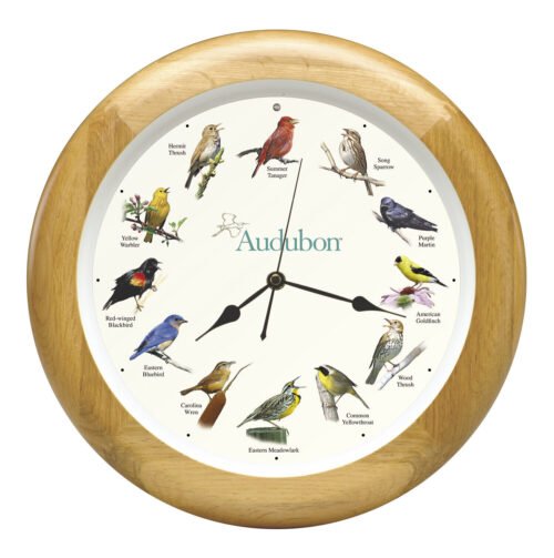 Audubon Society Singing Bird Hanging Wall Sound Clock, Oak Wood Frame, 13"