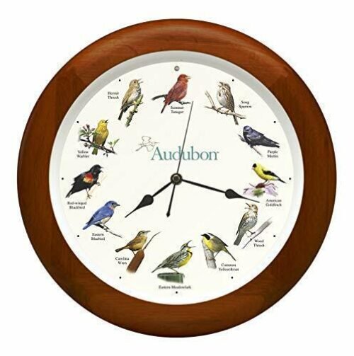 Audubon Society Singing Bird Wall Sound Clock, Cherry Finish Wood Frame 13"