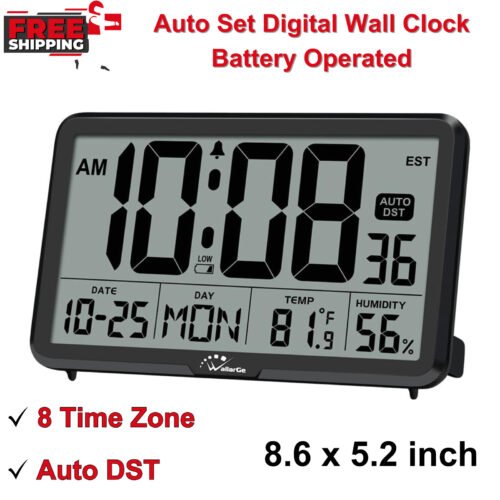 Auto Set Digital Wall Clock with Temperature, Humidity, Date, Battery Operated