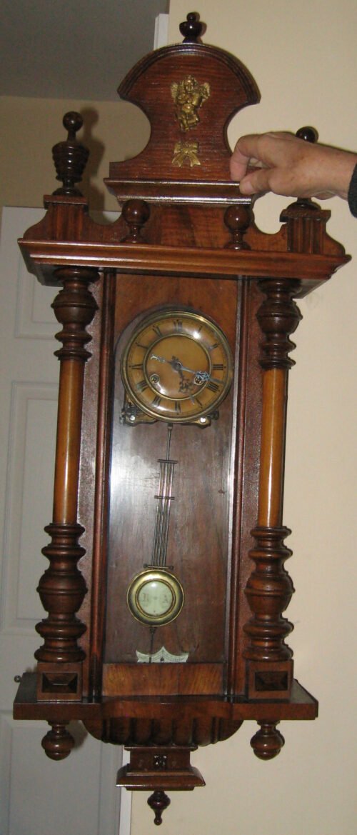AWESOME Antique Kienzle Vienna Wall Clock Walnut Case Approx. 43" Long Working