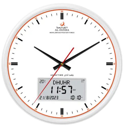 AzanClk Large Round Wall, Automatic Athan Muslim Prayer Clock USA/Canada (White)