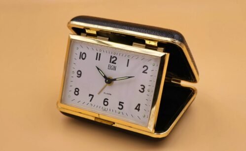 B025 Vintage ELGIN Travel Folding Alarm Clock Mid Century Wind Up Working Clock