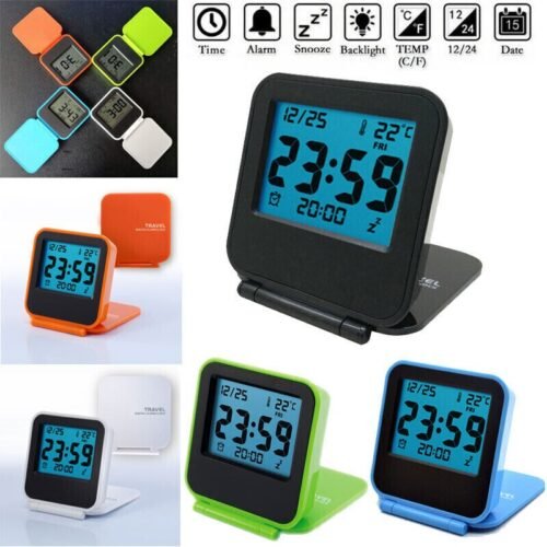 Backlit Folding Travel Clock Date Temperature Display LCD Digital Alarm Clock