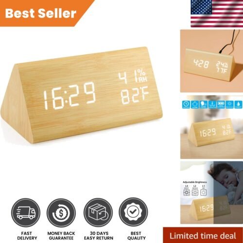 Bamboo Wood LED Digital Alarm Clock with Voice Control & USB Charging - 6" x 3"