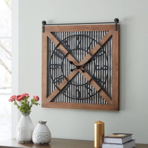 Barn Door Large Clock 27" Frame Wood Metal Raised Iron Numbers Farmhouse Decor