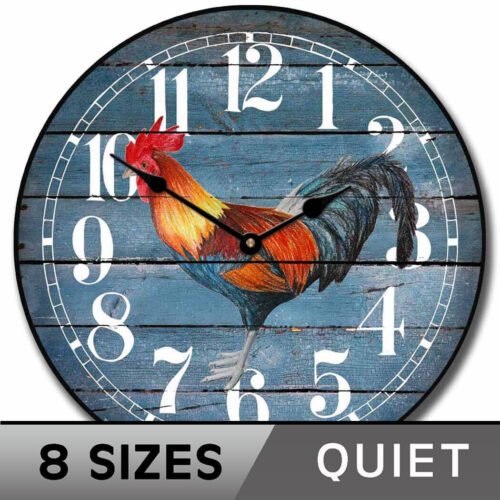Barnwood Blue Rooster Clock, Comes in 8 sizes, Ultra Quiet, Lifetime warranty