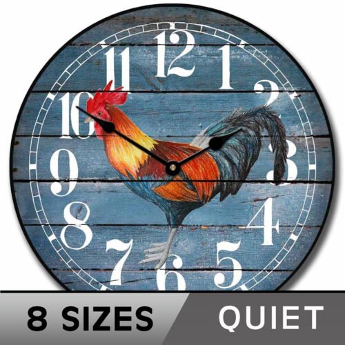 Barnwood Blue Rooster Clock, Comes in 8 sizes, Ultra Quiet, Lifetime warranty