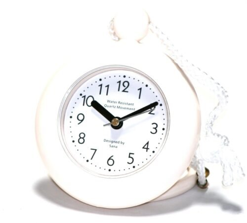 Bathroom shower rope clock water resistant with a clear easy to read clock face