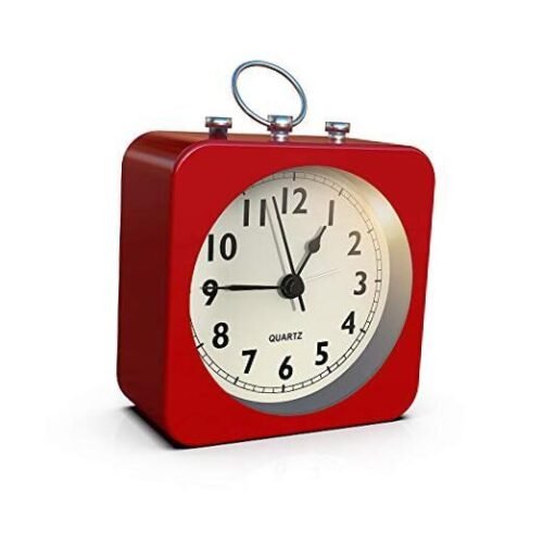 Battery Operated Alarm Clock with Square Metal Case,No Ticking Analog Red