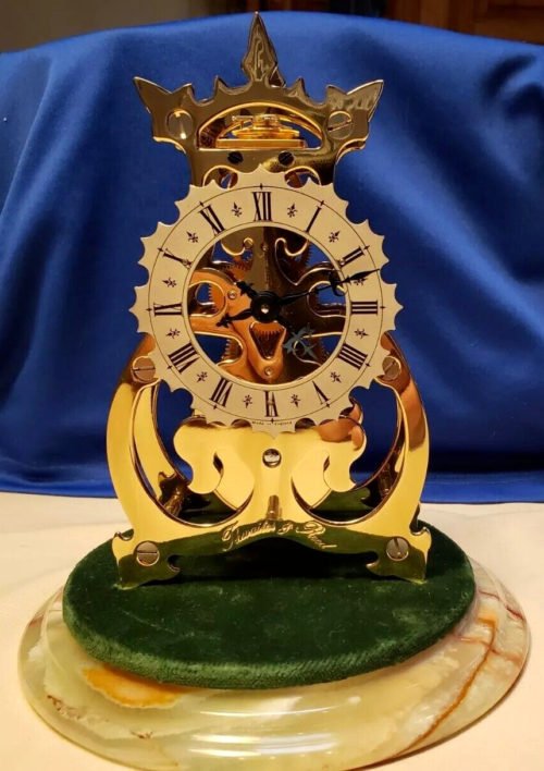 Beautiful Antique Thwaites & Reed Skeleton Clock Brass W/ Glass Dome on a Green