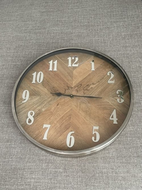 Beautiful Big Wood & Chrome Wall Clock 16” Farmhouse Chic