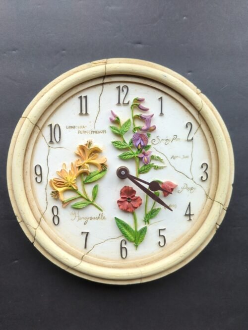 BEAUTIFUL VINTAGE ROUND BATTERY OPERATED RAISED FLORAL WALL CLOCK