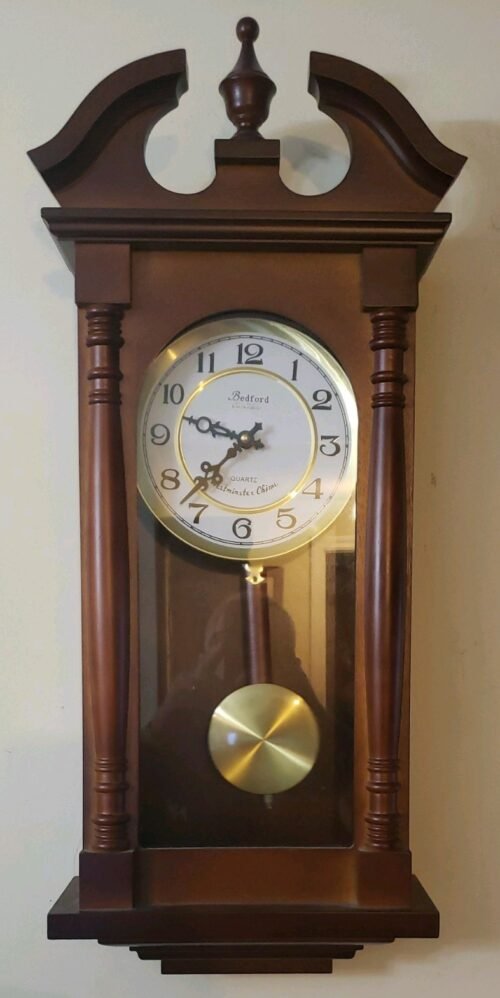Bedford Clock Collection 26 Inch Chiming Pendulum Wall Clock in Antique Mahogany