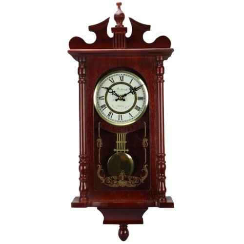 Bedford Collection 25 Inch Wall Clock with Pendulum and Chime in Dark Redwood Oa