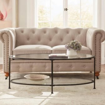 Bella Large Oval Antique Bronze Metal and Glass Coffee Table with Shelf...