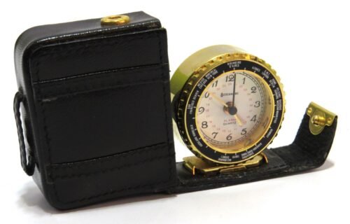 Benchmark Miniature Portable Travel Quartz Alarm Clock/Case, World Time Dial
