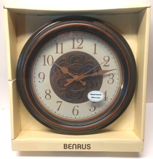 BENRUS DECORATIVE 11'' Round Quartz Wood Case Wall Clock Metal Hands Glass Lens