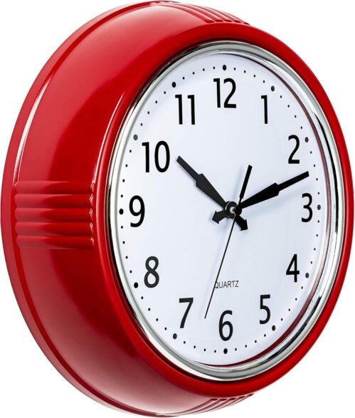 Bernhard Products Retro Wall Clock 12 Inch Red Kitchen 50'S Vintage Design round